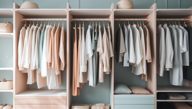Аккуратно организованный встроенный гардероб, наполненный одеждой и аксессуарами соответствующего цвета.
