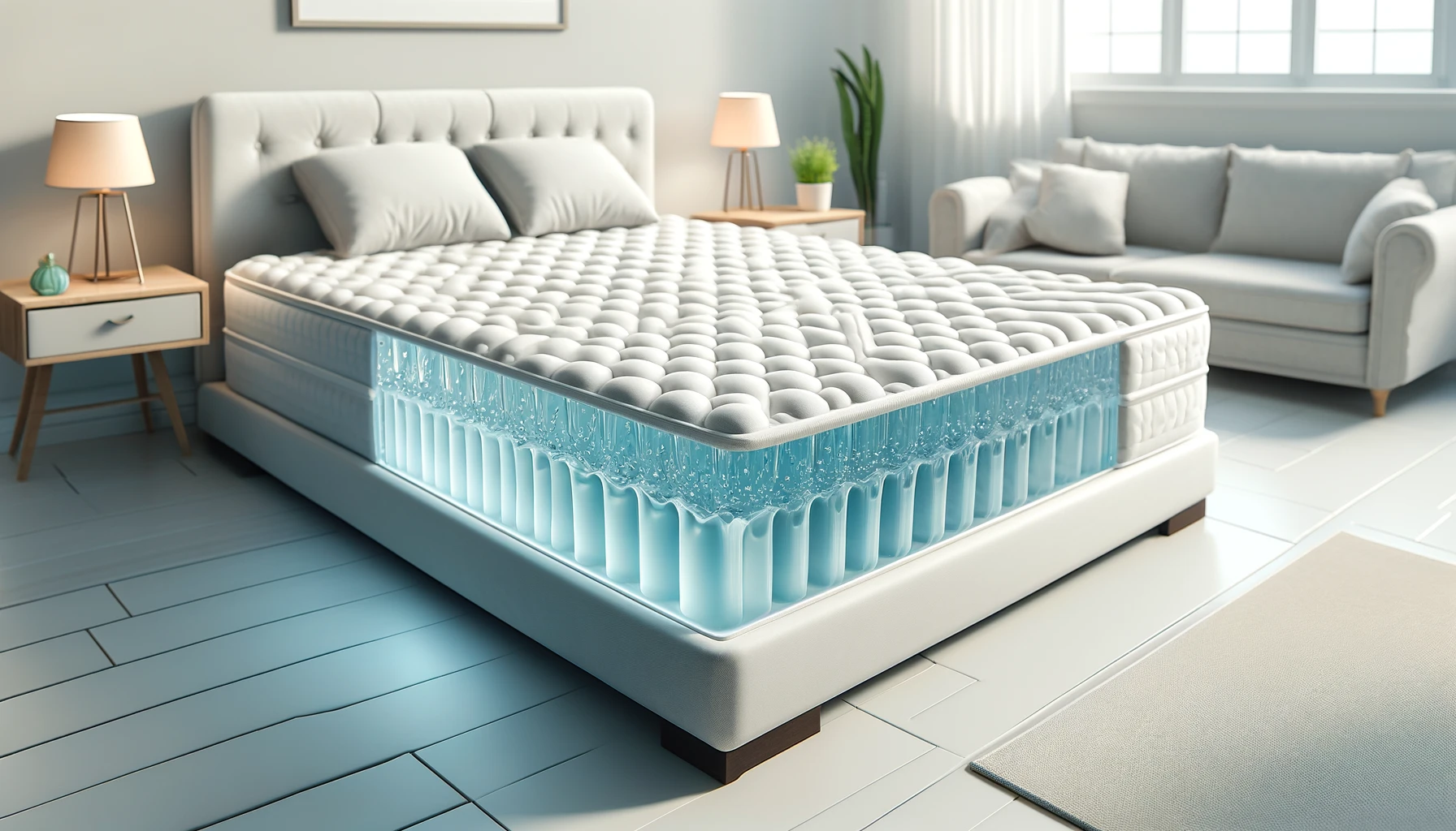 Современная спальня с гелевым матрасом, демонстрирующая дизайн внутреннего гелевого слоя, иллюстрирующий особенности гелевого матраса.