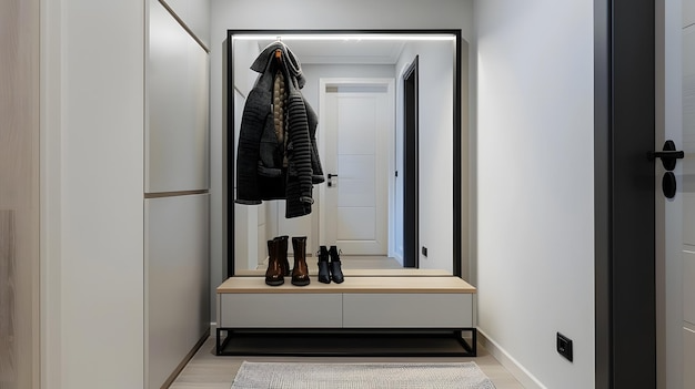 Изящный современный коридор с вешалкой, обувью и зеркалом, иллюстрирующим решения для хранения вещей.