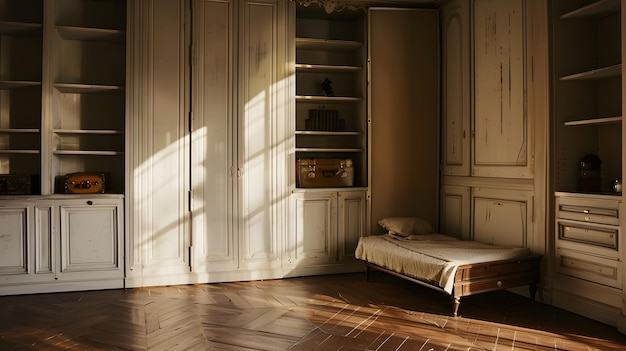 Комната со встроенными полками, шкафом и небольшой кроватью, демонстрирующая эстетику мебели, изготовленной на заказ.