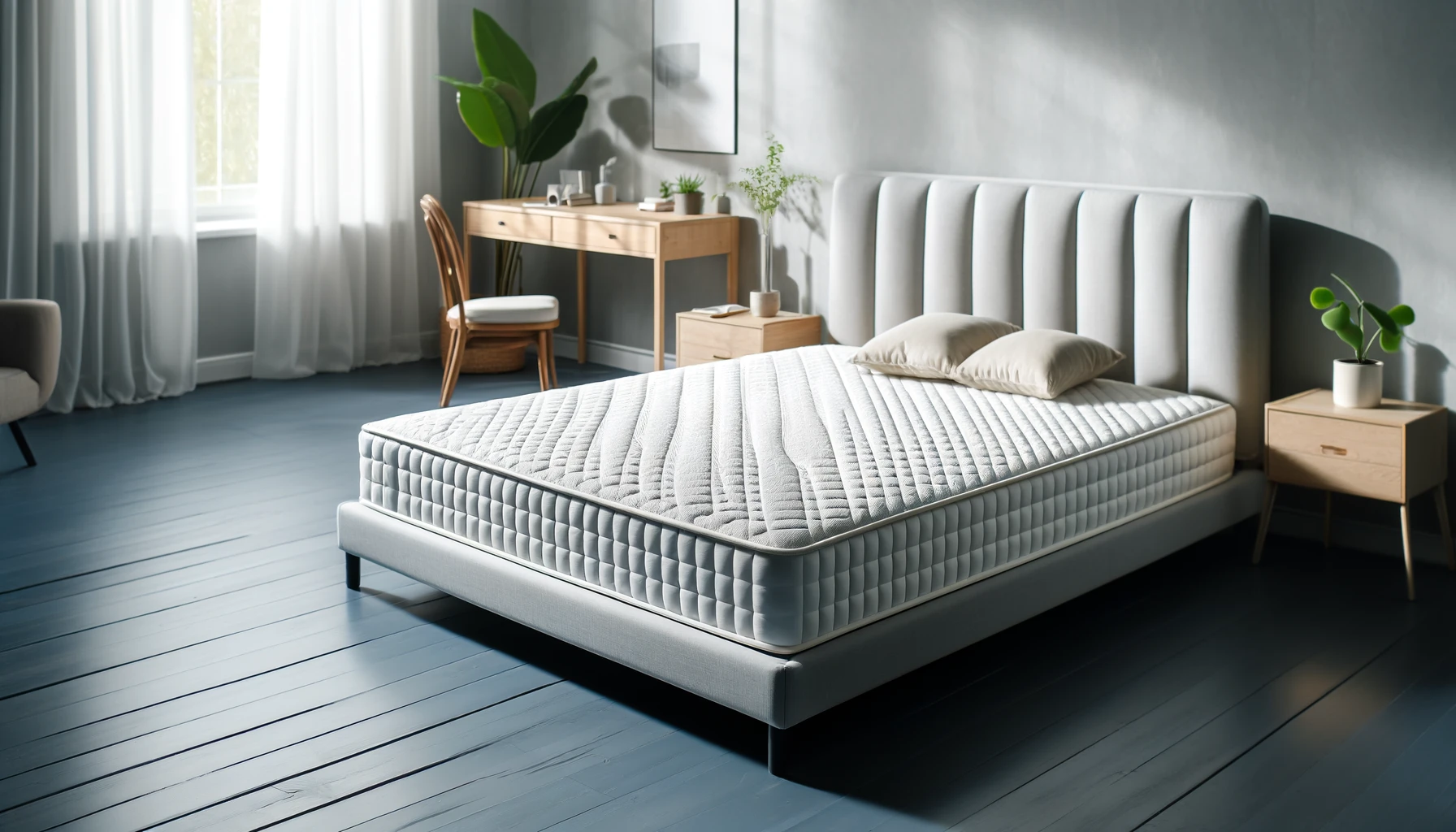 Современная спальня с высококачественным латексным матрасом на стильном каркасе кровати с удобной обстановкой.