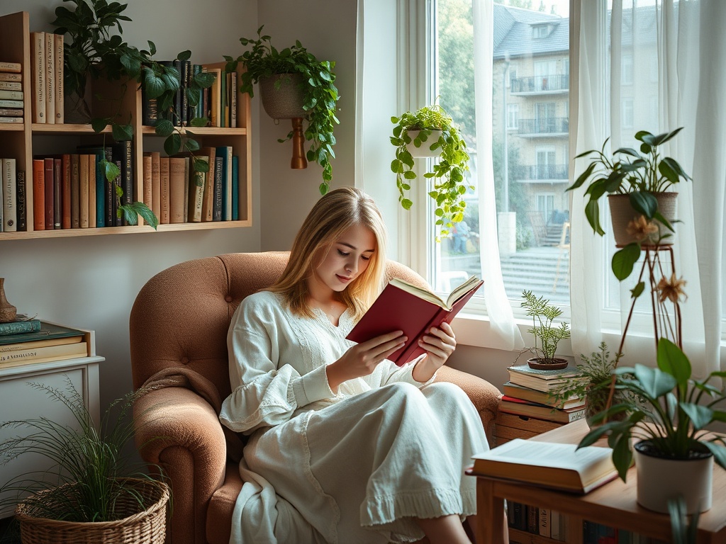 Девушка в белом халате сидит в кресле и читает книгу в уютной обстановке с растениями и книгами вокруг.