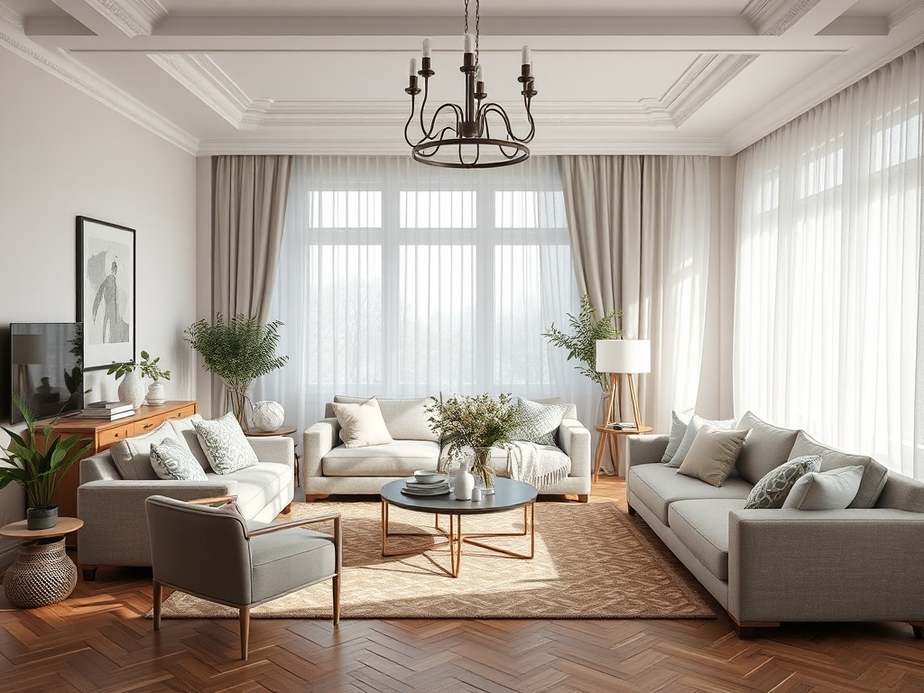 Светлая гостиная с современным дизайном, мягкой мебелью и большими окнами, украшенная зелеными растениями.