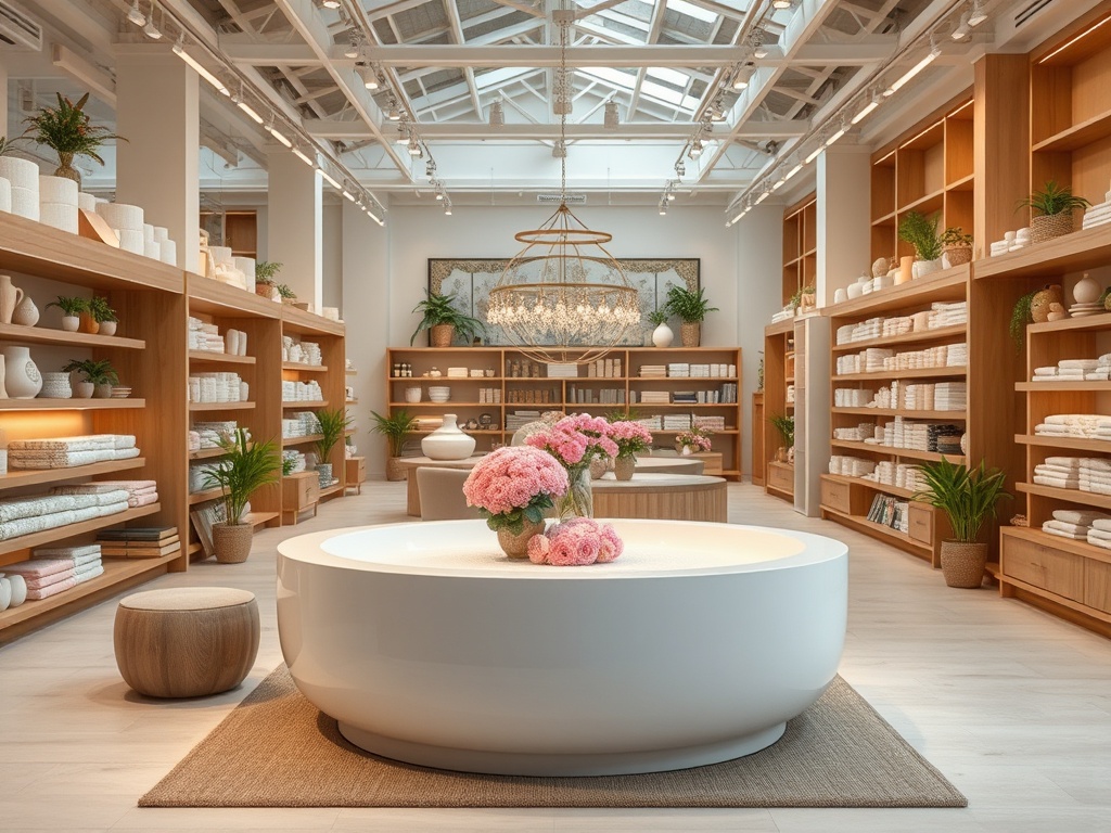 Современный спа-салон с белой ванной и цветами, окруженный полками с полотенцами и растениями.