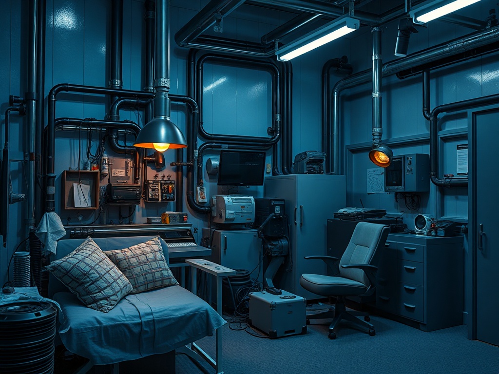 Темная комната с мебелью и трубами, окруженная оборудованием и светильниками, создающими таинственную атмосферу.